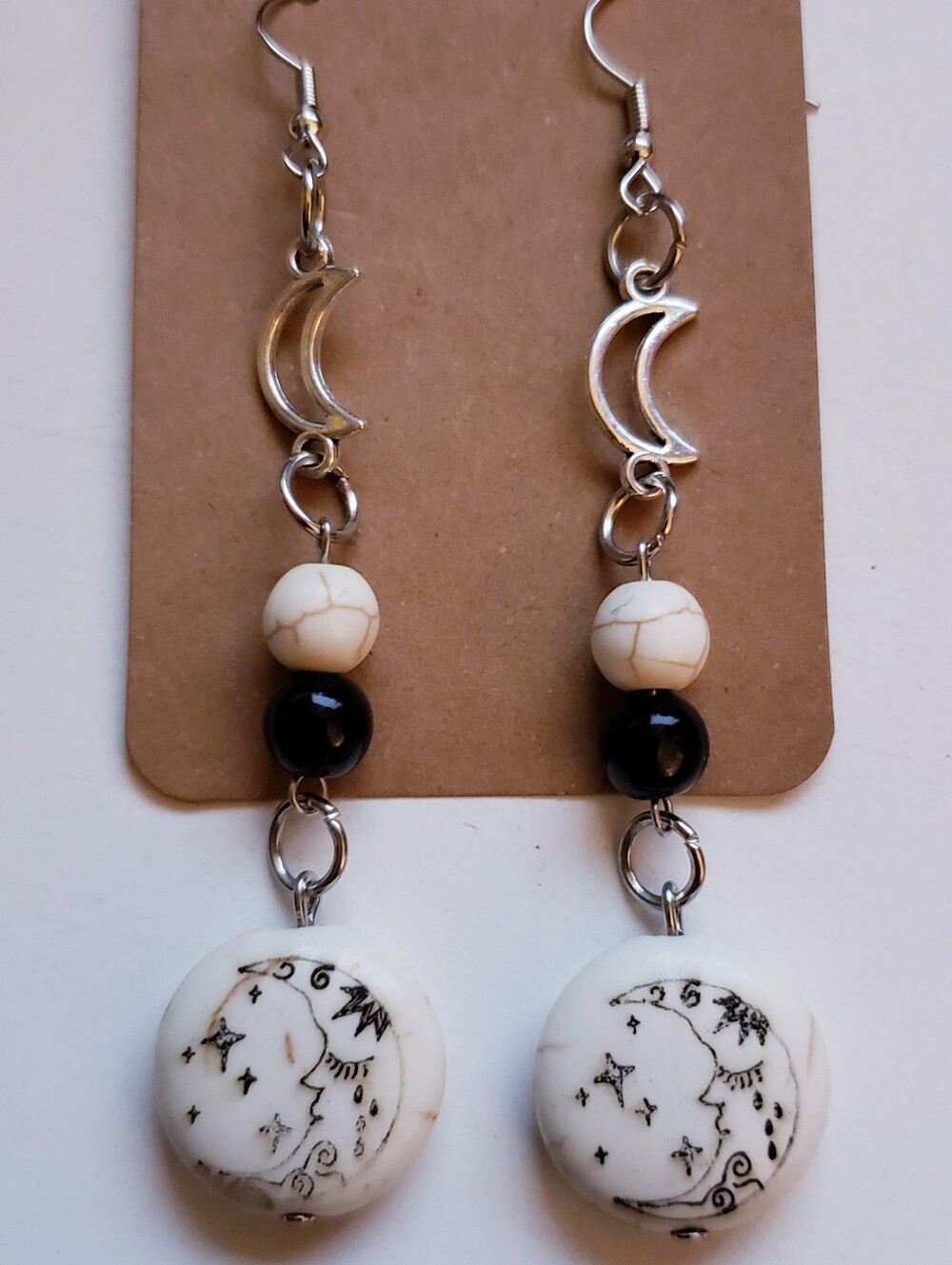 Handmade Beaded White Stone Boho Celestial Moon Star Earrings